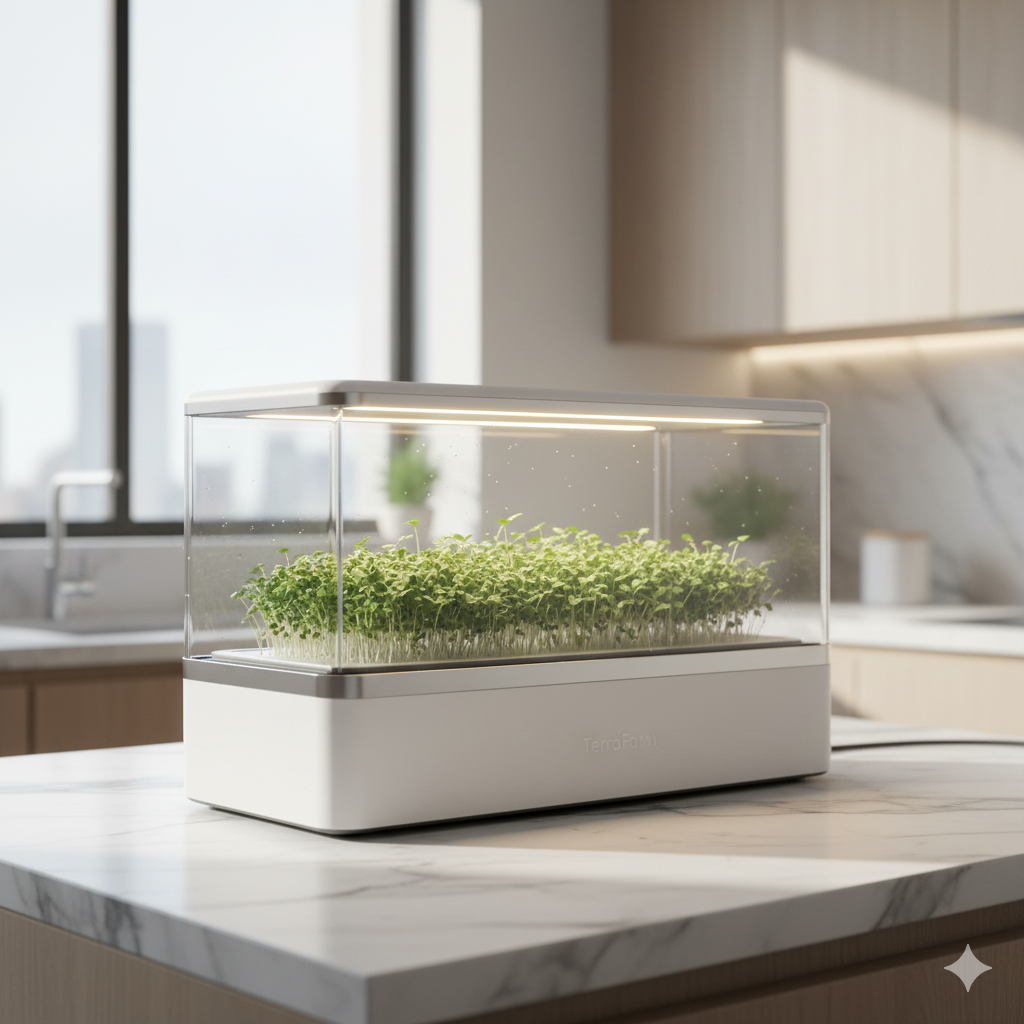 A colorful salad bowl next to the TerraForm smart garden