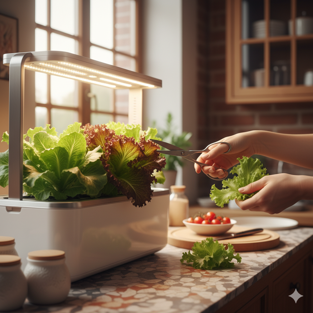 A person harvesting fresh lettuce from their smart garden