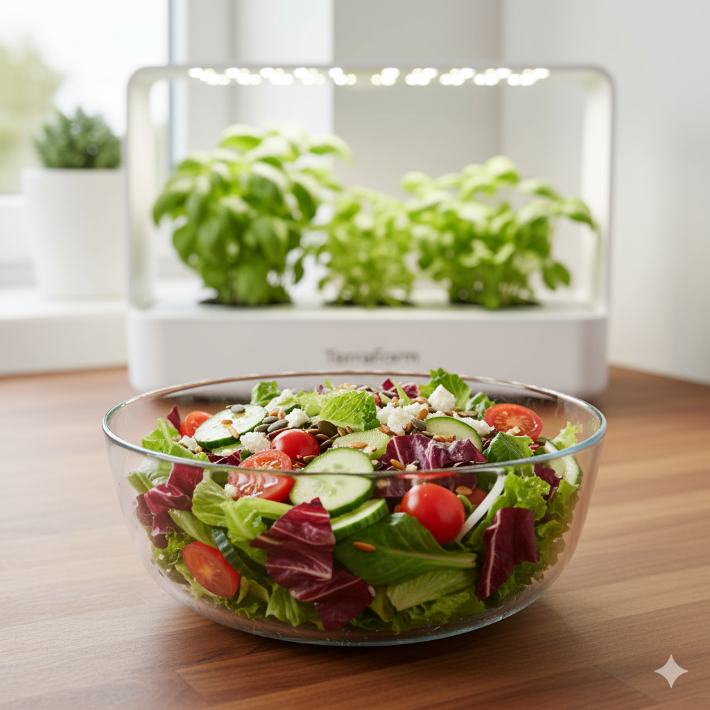 Stylish TerraForm device sitting on a wooden countertop